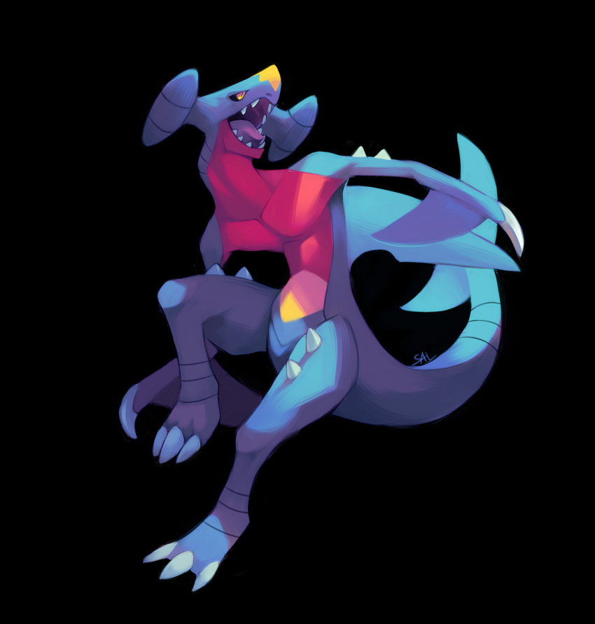 black_background, claws, commentary, creature, english_commentary, full_body, garchomp, gen_4_pokemon, highres, no_humans, pokemon, pokemon_(creature), salanchu, sharp_teeth, signature, simple_background, solo, teeth