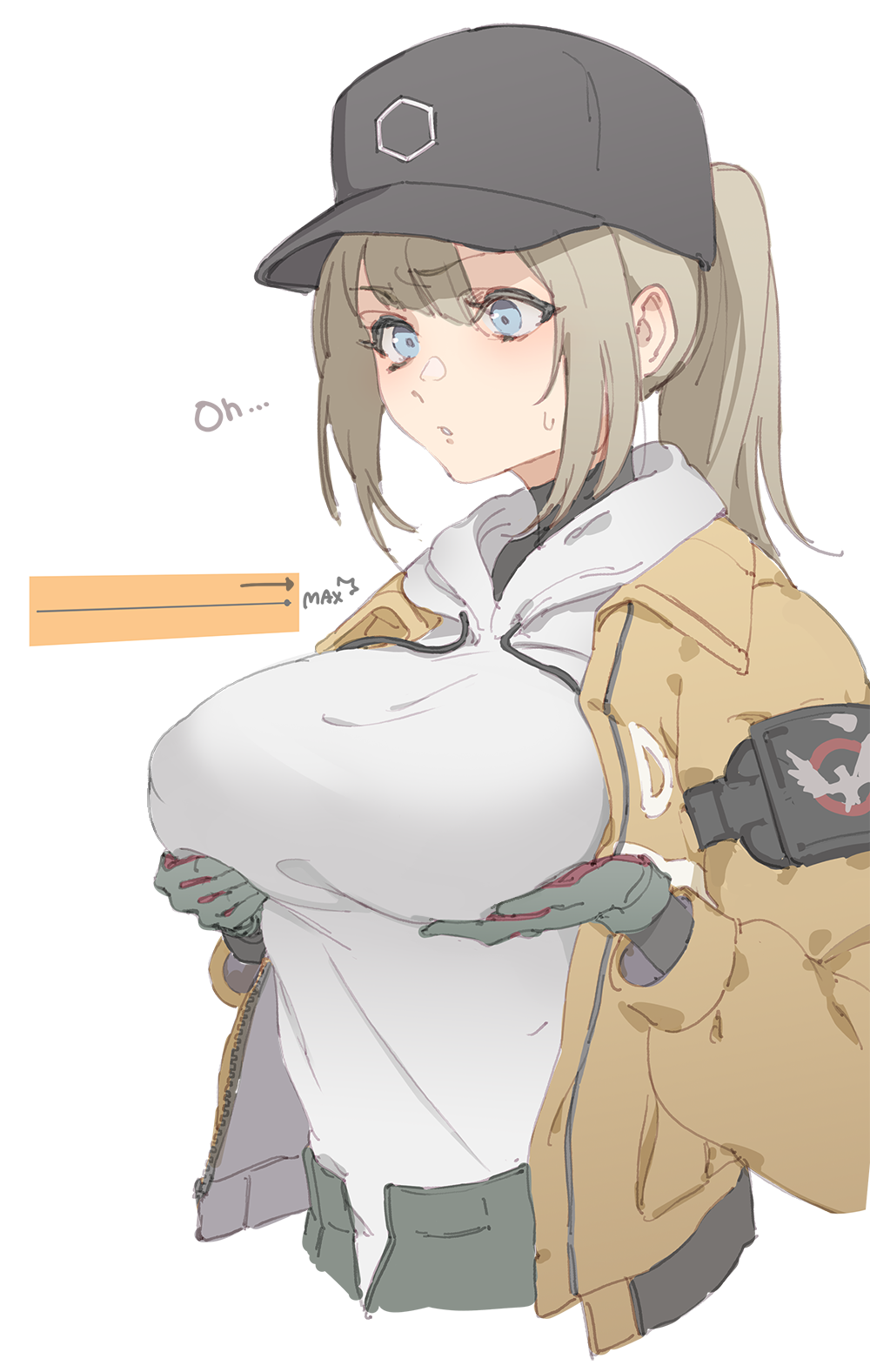 1girl, blue_eyes, blush, breast_lift, breasts, brown_hair, deele_(girls_frontline), genderswap, genderswap_(mtf), girls_frontline, gloves, hat, highres, large_breasts, long_sleeves, ponytail, sidelocks, simple_background, solo, sweatdrop, white_background, zzzearly