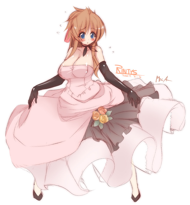 blue_eyes, blush, breasts, brown_hair, choker, cleavage, curtsey, dress