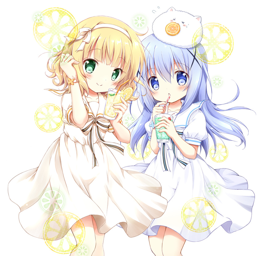 >_<, 2girls, angora_rabbit, animal, animal_on_head, bangs, bendy_straw, blonde_hair