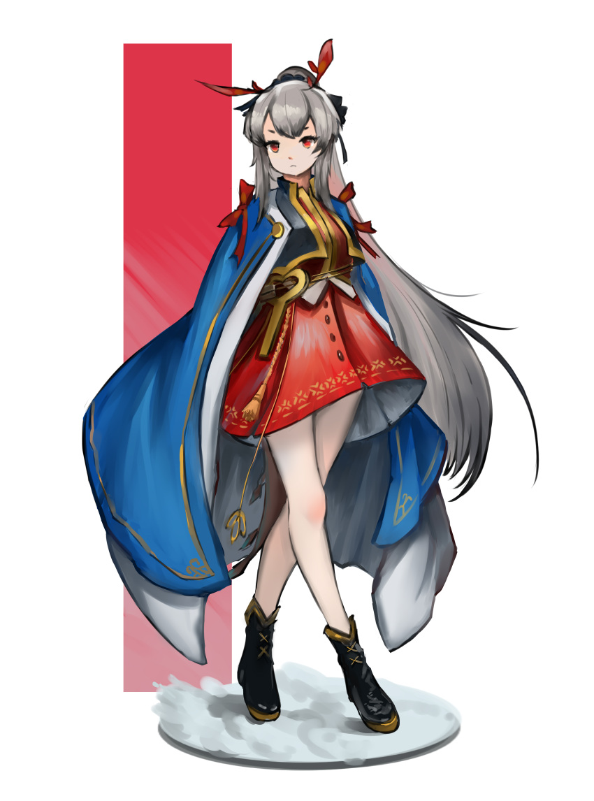 1girl, absurdres, arknights, bangs, bare_legs, black_footwear, blue_cape, boots, cape, crossed_legs, dress, full_body, highres, long_hair, looking_at_viewer, official_alternate_costume, red_dress, red_eyes, short_dress, silver_hair, simple_background, solo, standing, vc.neko, very_long_hair, watson_cross, weedy_(arknights), weedy_(candy_fairy)_(arknights), white_background