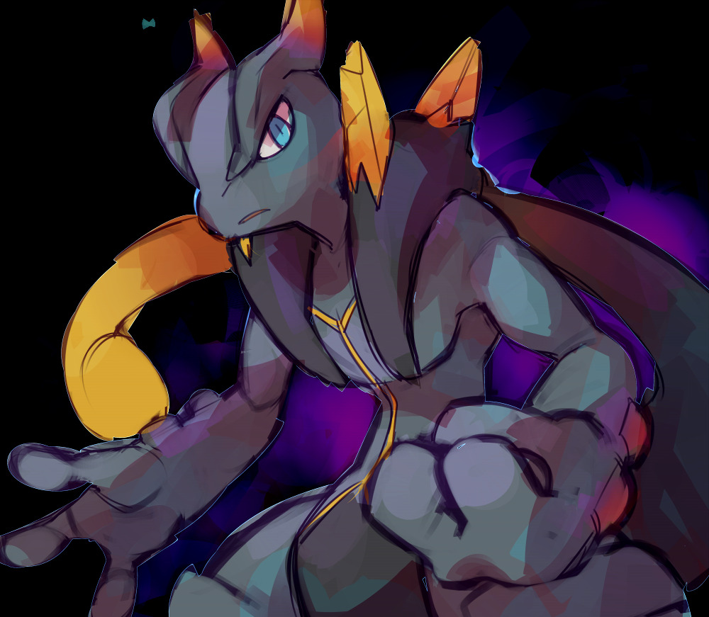black_background, blue_eyes, clenched_hand, commentary, english_commentary, frown, gen_1_pokemon, legendary_pokemon