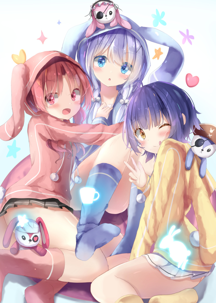 3girls, :d, :o, ;q, animal_ears, animal_hood, bangs, black_skirt