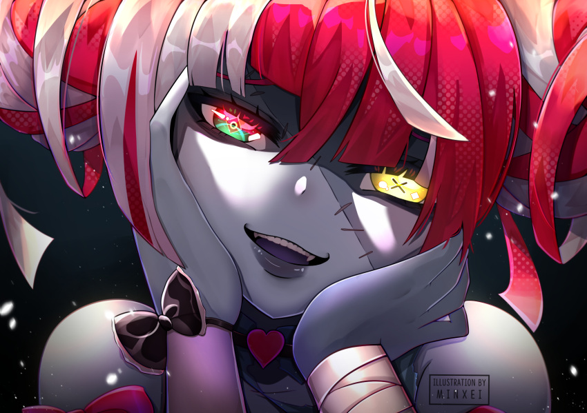 1girl, artist_name, bandaged_arm, bandages, black_bow, bow, close-up, colored_skin, double_bun, english_commentary, fangs, glowing, glowing_eyes, green_eyes, grey_hair, grey_skin, hands_on_own_face, heterochromia, highres, hololive, hololive_indonesia, kureiji_ollie, looking_at_viewer, minxei, multicolored, multicolored_eyes, multicolored_hair, open_mouth, pink_hair, red_eyes, redhead, solo, stitched_face, stitches, virtual_youtuber, wrist_bow, yandere_trance, yellow_eyes, zombie