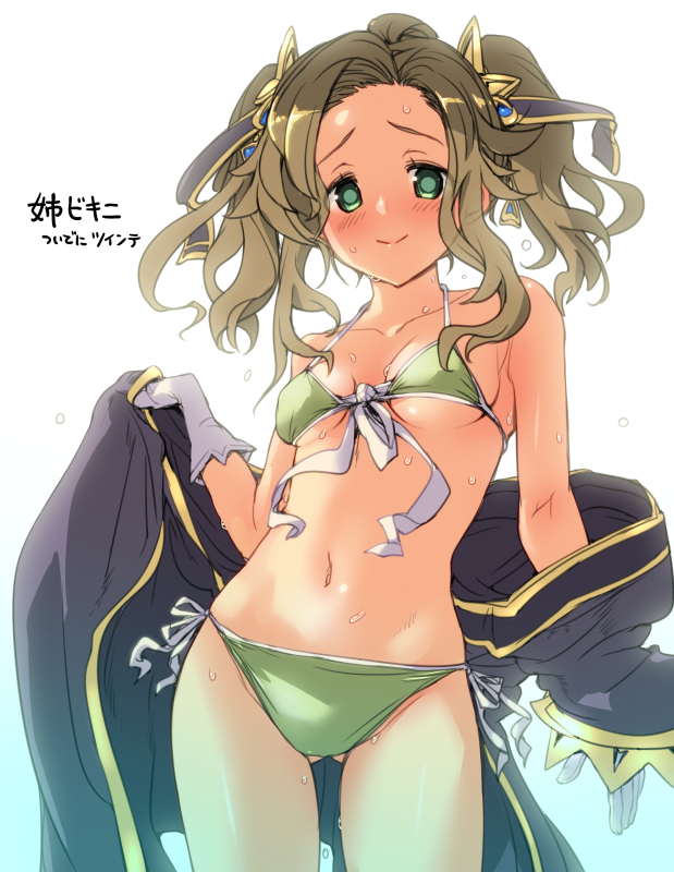1girl, alternate_costume, alternate_hairstyle, ass_visible_through_thighs, bikini, black_robe, breasts, brown_hair