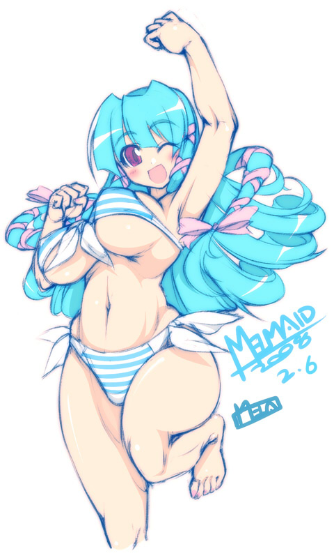arm_up, armpits, barefoot, bikini, blue_hair, breasts, character_name, curvy
