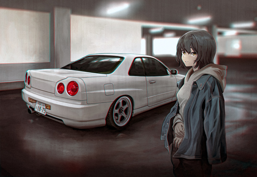 1girl, absurdres, bangs, black_hair, black_pants, breasts, car, denim, denim_jacket, grey_hoodie, ground_vehicle, hair_between_eyes, hands_together, highres, hood, hoodie, huge_filesize, jacket, jacket_on_shoulders, looking_at_viewer, medium_breasts, motor_vehicle, nissan, nissan_skyline, original, pants, short_hair, smile, tail_lights, takumi-macky, vehicle_focus, yellow_eyes