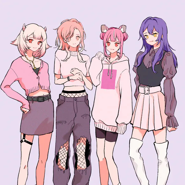 4girls, alternate_costume, animal_ear_fluff, animal_ears, bike_shorts, black_shirt, black_skirt, clenched_hand