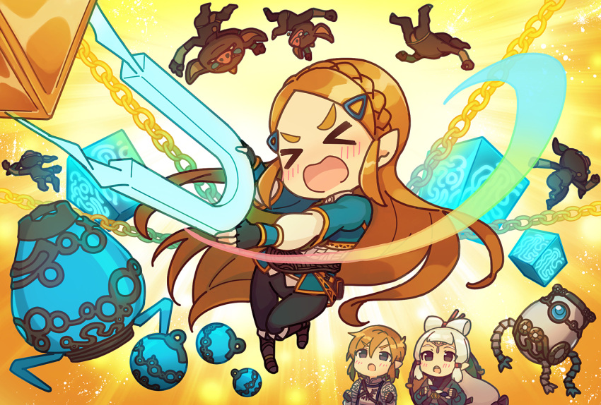 >_<, 1boy, 2girls, aisawa_natsu, armor, awestruck, blonde_hair, bokoblin