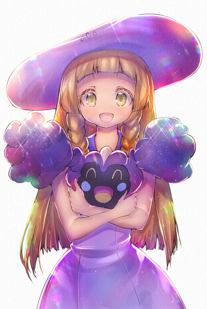 1girl, bangs, bare_arms, blonde_hair, braid, commentary_request, cosmog, crossed_arms