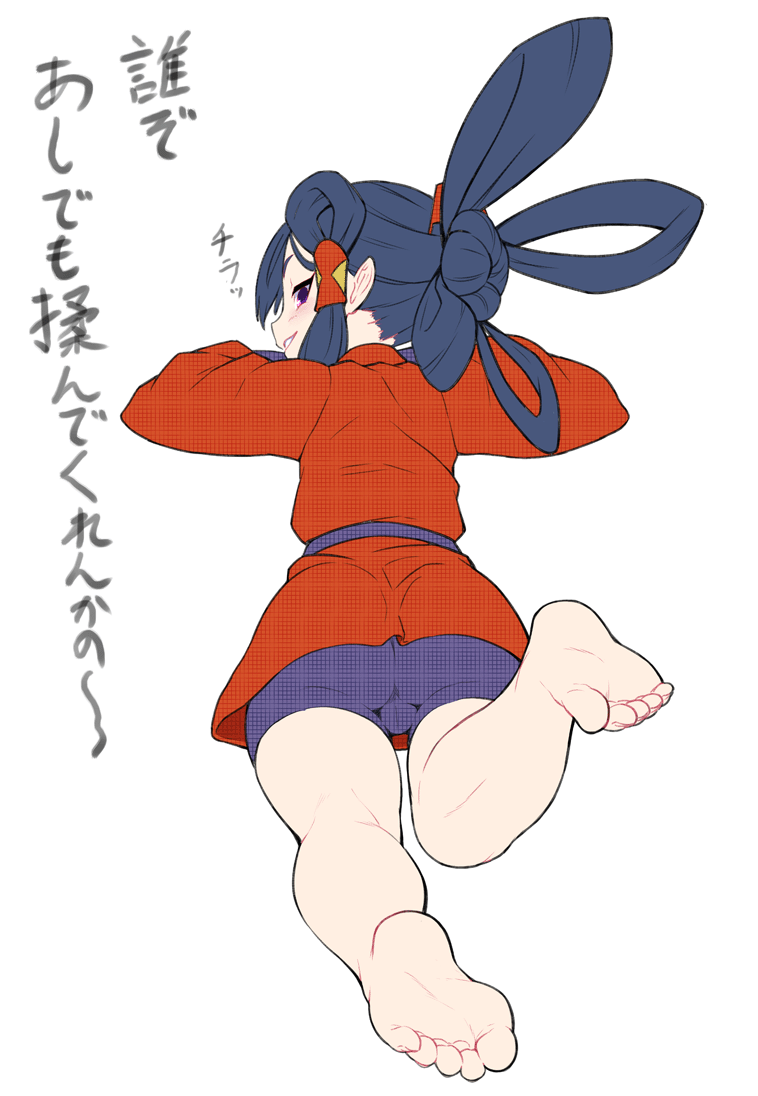 1girl, ass, bare_legs, barefoot, bike_shorts, black_eyes, black_hair, blush