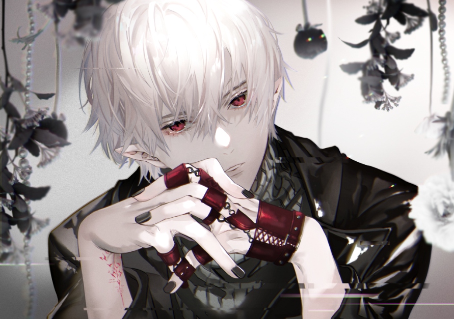 1boy, bangs, black_flower, black_jacket, black_nails, flower, gloves, grey_background