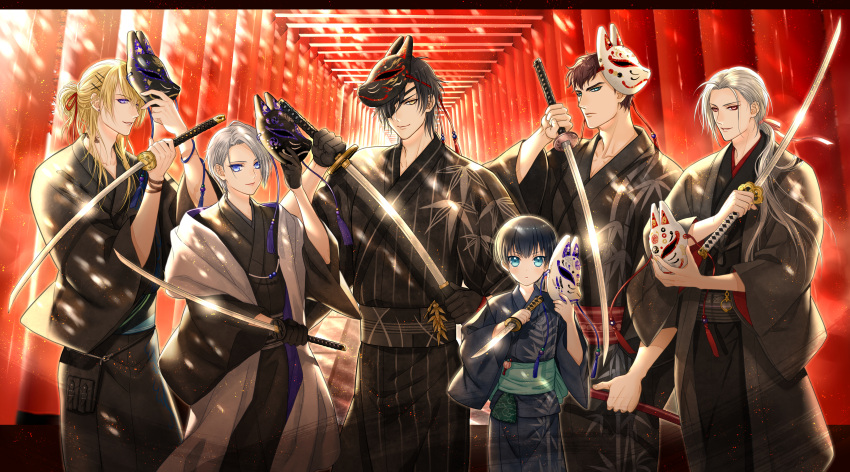 6+boys, absurdres, azuki_nagamitsu_(touken_ranbu), black_gloves, black_hair, blonde_hair, blue_eyes, brown_hair
