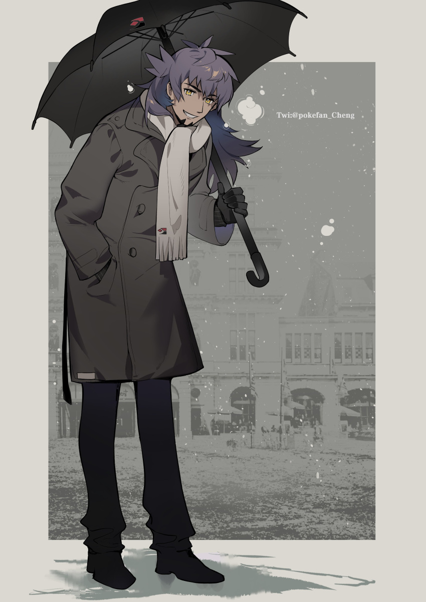 1boy, absurdres, alternate_costume, bangs, black_gloves, black_pants, black_umbrella, buttons