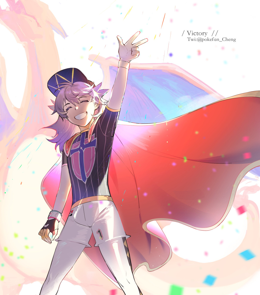 1boy, absurdres, arm_up, bangs, baseball_cap, black_headwear, cape, champion_uniform