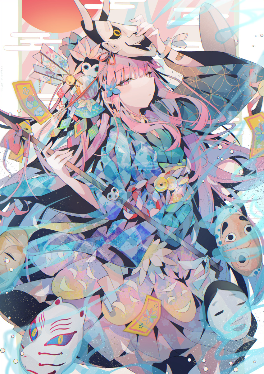 1girl, absurdres, bandaid, bandaid_on_arm, bangs, blue_flower, blue_robe, blue_shirt