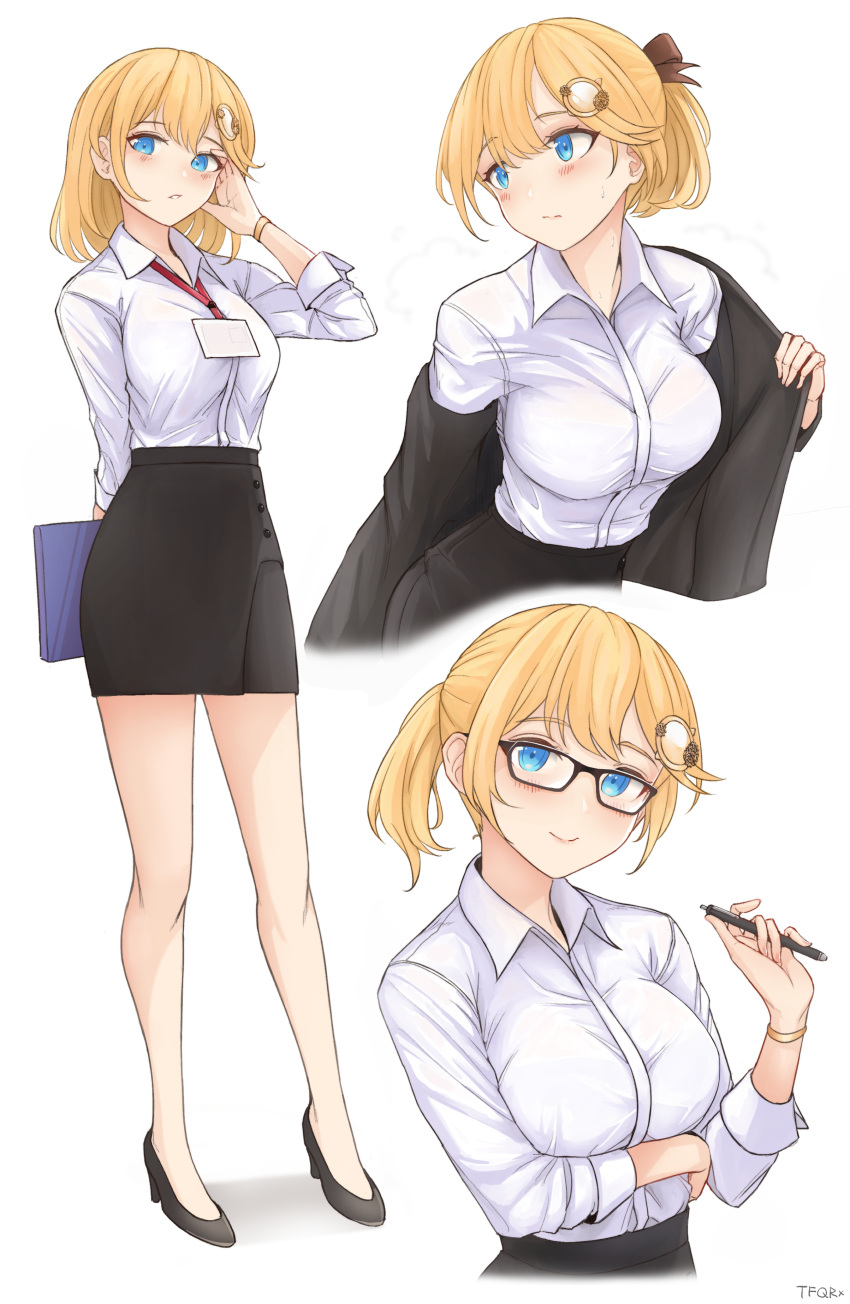 1girl, absurdres, alternate_hairstyle, arm_behind_back, arm_under_breasts, arm_up, bangs, black_footwear