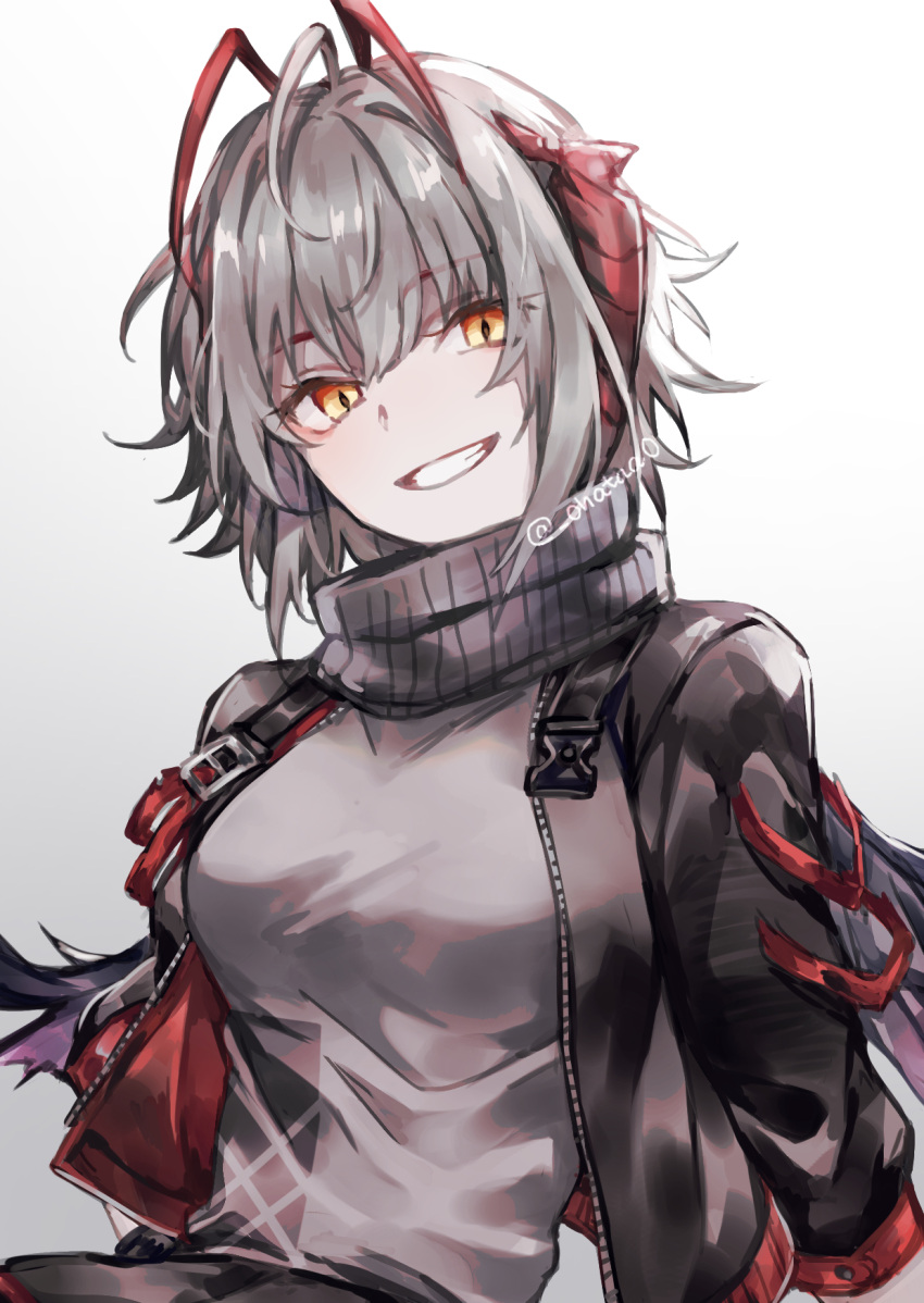 1girl, antennae, arknights, bangs, black_jacket, clenched_teeth, commentary, grey_background, grey_hair, grey_shirt, grin, hata_(ohataa0), highres, horns, jacket, leaning, looking_at_viewer, mixed-language_commentary, open_clothes, open_jacket, shirt, short_hair, simple_background, smile, solo, teeth, twitter_username, upper_body, w_(arknights), yellow_eyes