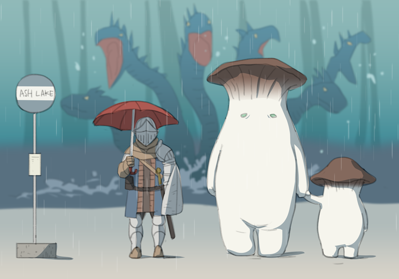 bus_stop, dark_souls, gb_(doubleleaf), holding, holding_umbrella, hydra, knight_of_astora_oscar, mushroom_child