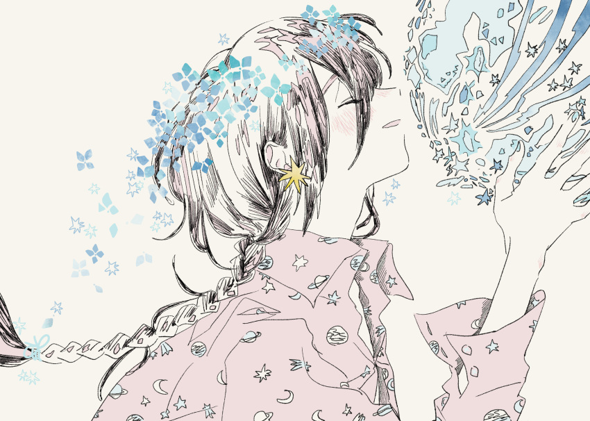 1girl, black_hair, blue_menouu, blue_nails, braid, braided_ponytail, closed_eyes, collared_shirt