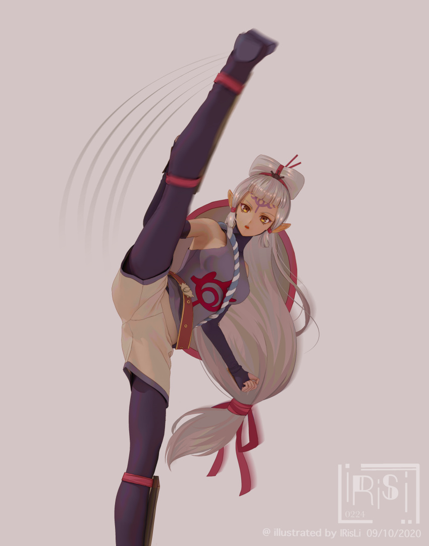 1girl, absurdres, black_gloves, black_legwear, brown_shorts, dated, elbow_gloves, eye_symbol