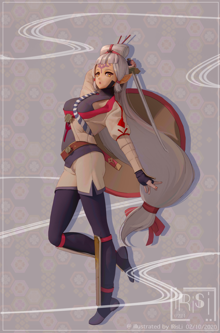 1girl, absurdres, bangs, black_legwear, blunt_bangs, brown_shorts, dated, eye_symbol