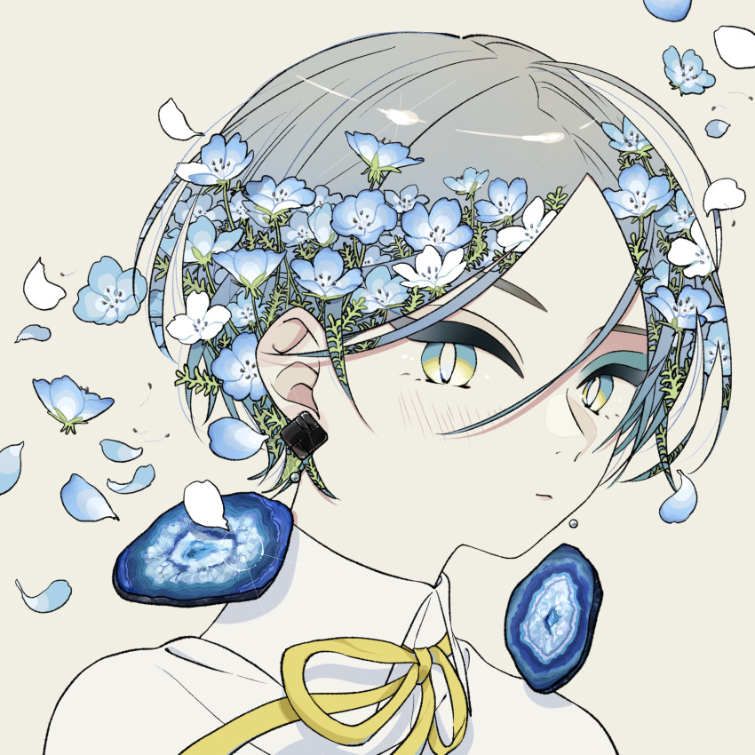 1girl, absurdres, blue_flower, blue_menouu, blush, collared_shirt, earrings, flower