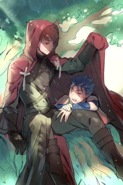 2boys, black_footwear, black_legwear, blue_hair, cloak, cloak_lift, commentary_request, cu_chulainn_(fate)_(all)