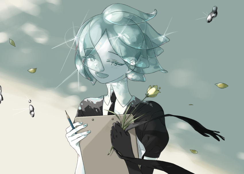 1other, aqua_hair, aqua_nails, black_gloves, blue_menouu, clipboard, commentary, crystal_hair, eyes_visible_through_hair, flower, gloves, highres, holding, holding_flower, houseki_no_kuni, open_mouth, pencil, phosphophyllite, puffy_short_sleeves, puffy_sleeves, short_hair, short_sleeves, single_glove, smile, solo, sparkle, upper_body, yellow_flower