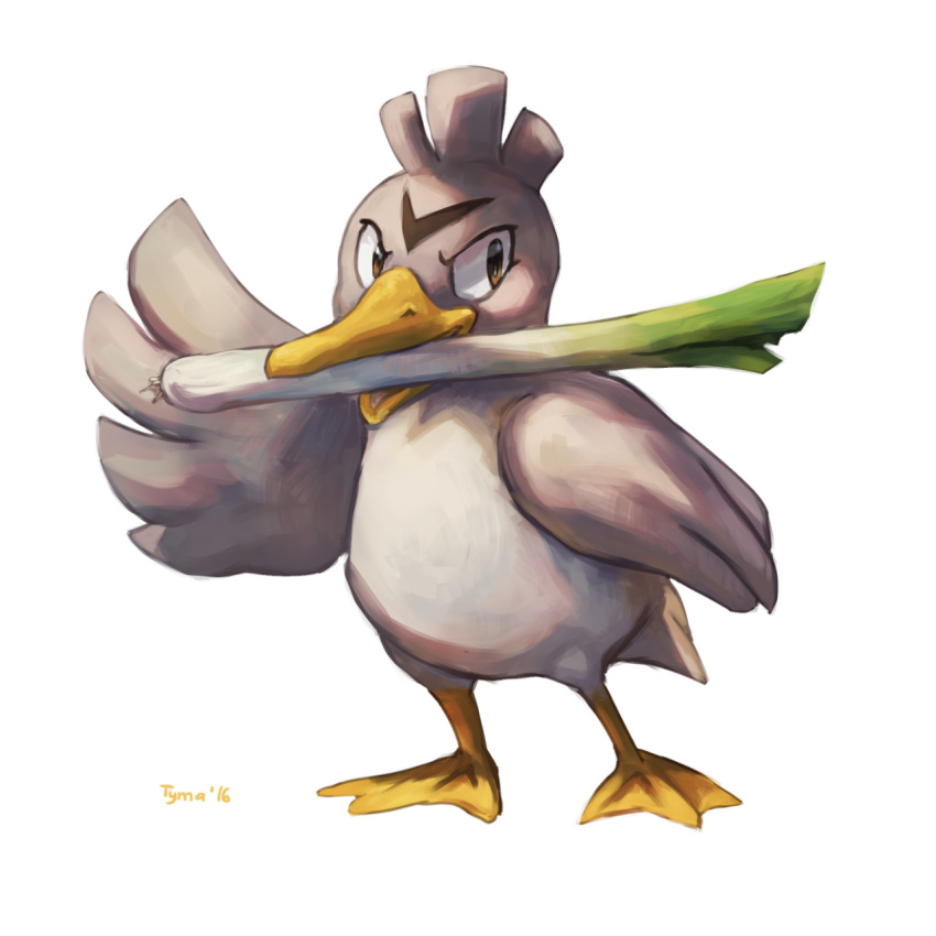 2016, bird, brown_eyes, commentary, creature, english_commentary, farfetch'd, full_body, gen_1_pokemon, highres, looking_at_viewer, mouth_hold, no_humans, pokemon, pokemon_(creature), signature, simple_background, solo, spring_onion, standing, tyma_(mtymas), white_background