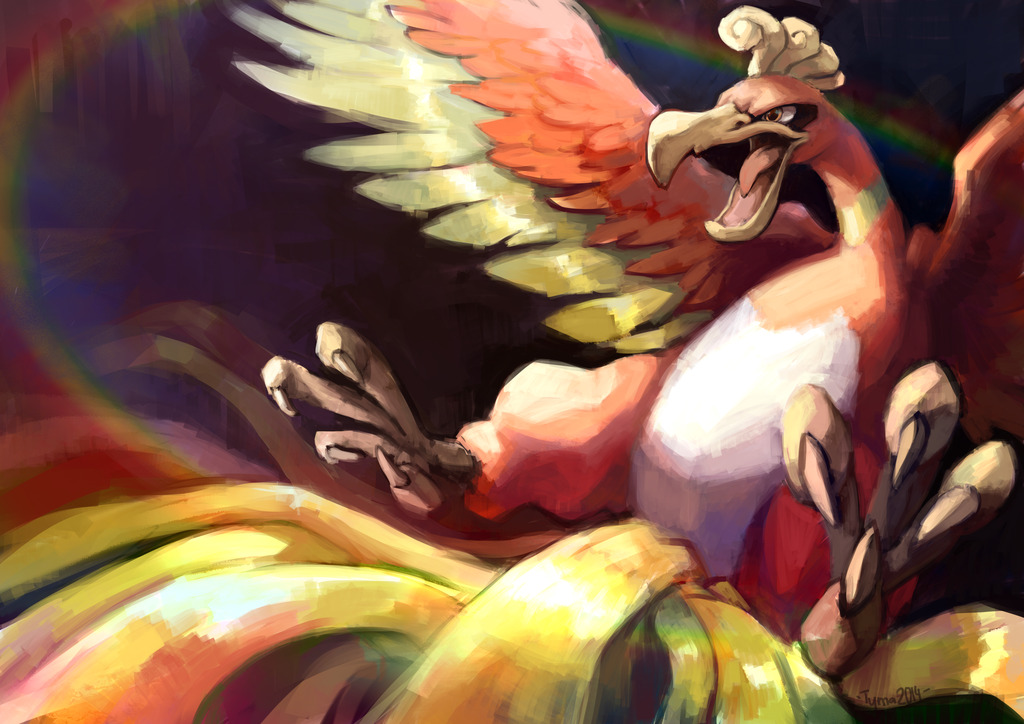 bird, claws, creature, flying, gen_2_pokemon, ho-oh, legendary_pokemon, no_humans, pokemon, pokemon_(creature), solo, third-party_source, tyma_(mtymas)