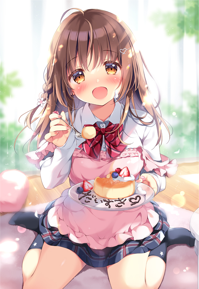 1girl, apron, black_legwear, black_skirt, blurry, blurry_background, bow, braid