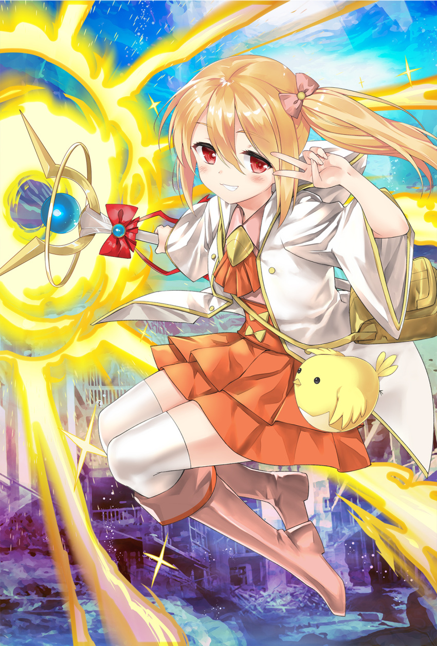 1girl, ascot, bag, bird, blonde_hair, blush, boots, bow