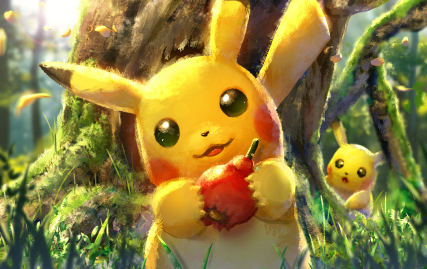 berry_(pokemon), commentary, day, ekm, food, fruit, gen_1_pokemon, grass, looking_at_another, looking_at_viewer, outdoors, pikachu, pokemon, pomeg_berry, tree
