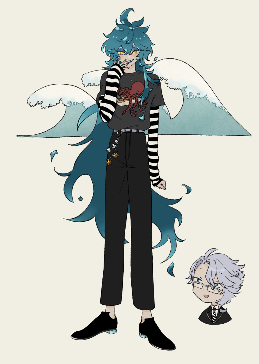 2boys, absurdres, azul_ashengrotto, belt, black_footwear, black_pants, black_shirt, blue_hair