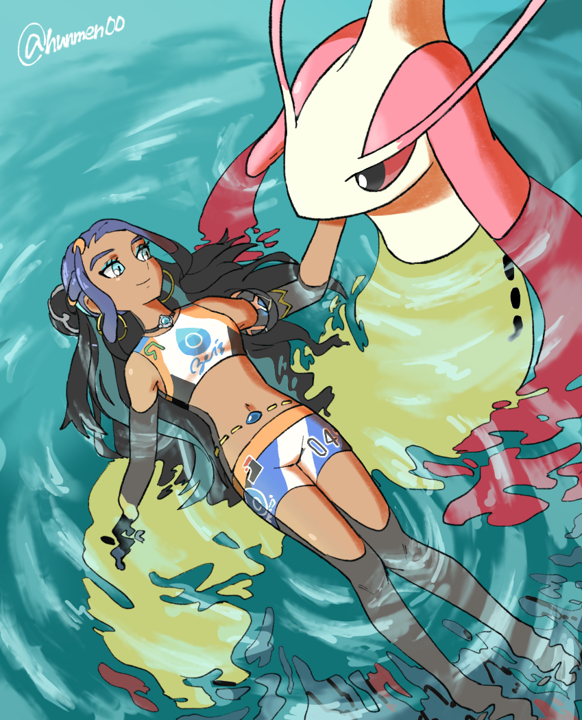 1girl, afloat, aqua_eyeshadow, aqua_hair, armlet, barefoot, belly_chain, bike_shorts