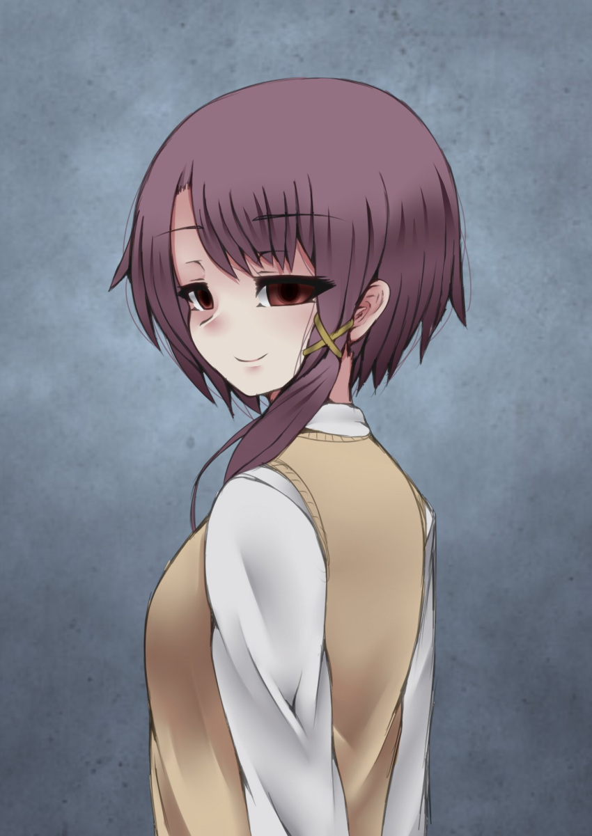 1girl, asymmetrical_hair, breasts, brown_eyes, brown_hair, closed_mouth, hair_ornament, hairclip