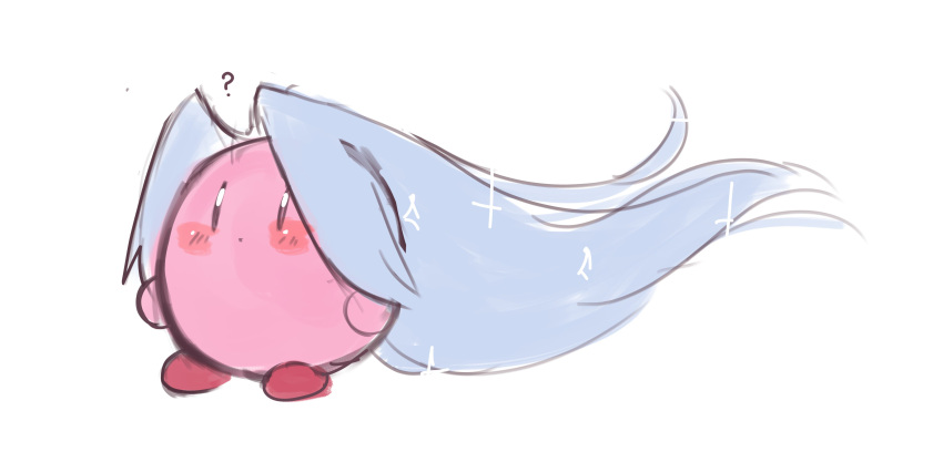 1boy, ?, absurdres, bangs, blush, closed_mouth, colored_skin, commentary, cosplay, english_commentary, final_fantasy, final_fantasy_vii, floating_hair, full_body, hair_intakes, highres, kirby, kirby_(series), klume_(klumescribbles), long_hair, male_focus, parted_bangs, pink_skin, sephiroth, sephiroth_(cosplay), silver_hair, simple_background, solo, sparkle, super_smash_bros., white_background, white_hair, |_|