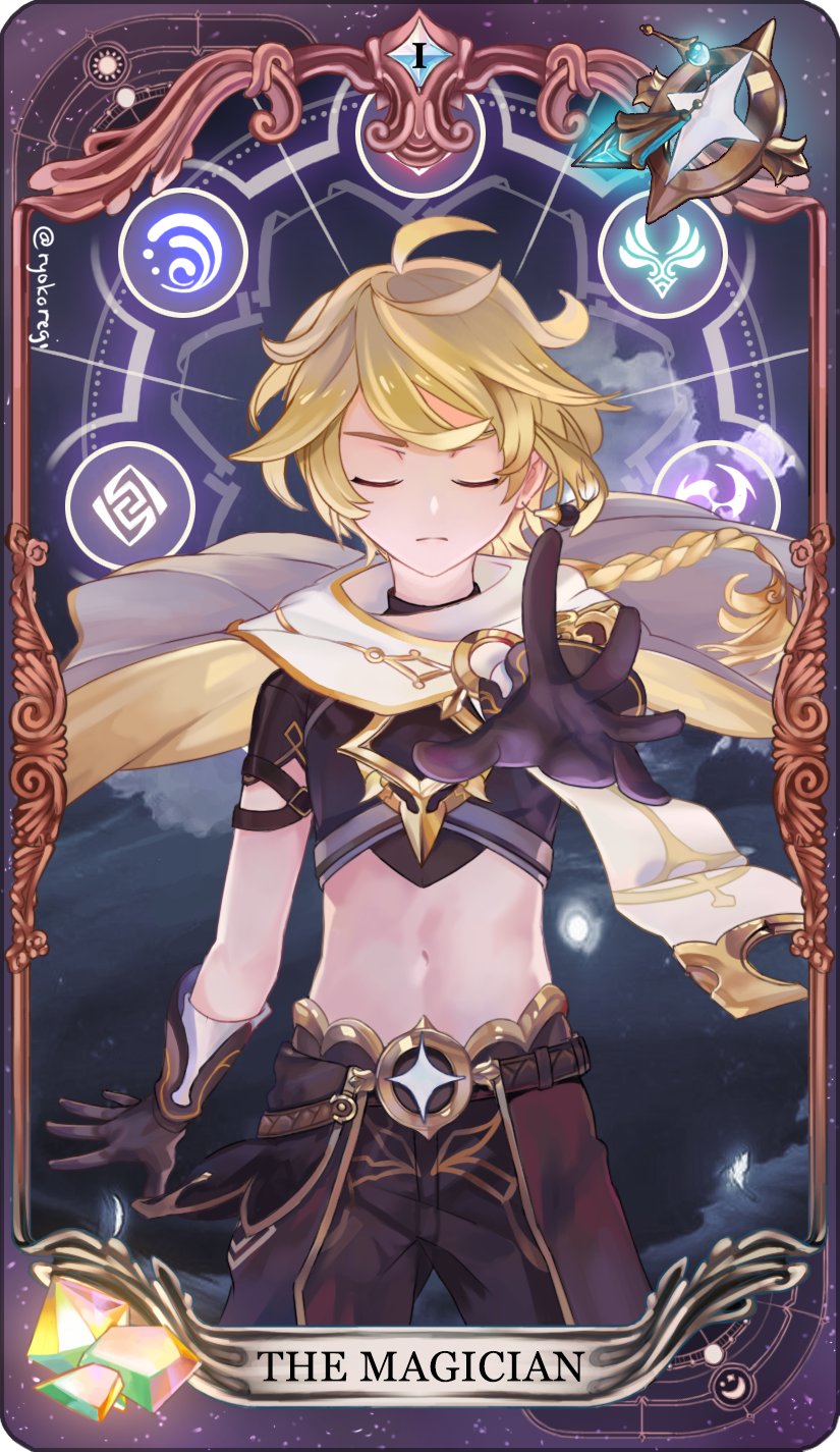 1boy, aether_(genshin_impact), ahoge, braid, cape, closed_eyes, framed, genshin_impact, gloves, highres, male_focus, midriff, night, night_sky, outstretched_arm, ryokoregi, scarf, sky, solo, symbol, tarot, the_magician_(tarot)