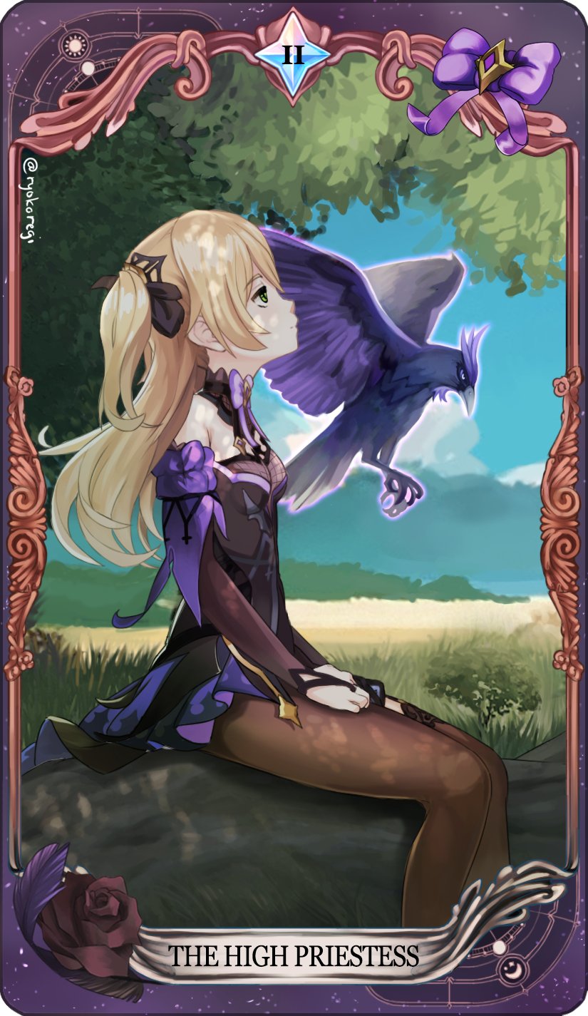 1girl, bare_shoulders, bird, black_legwear, blonde_hair, bodystocking, breasts, bridal_gauntlets, detached_sleeves, fischl_(genshin_impact), framed, garter_straps, genshin_impact, green_eyes, hair_ribbon, highres, long_hair, oz_(genshin_impact), raven_(animal), ribbon, ryokoregi, single_leg_pantyhose, single_thighhigh, small_breasts, tarot, the_high_priestess_(tarot), thigh-highs, two_side_up