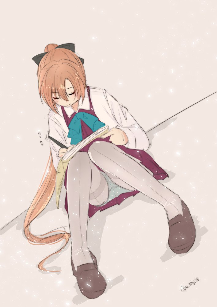 1girl, akigumo_(kantai_collection), brown_hair, commentary_request, dress, dress_shirt, dutch_angle, hair_ribbon