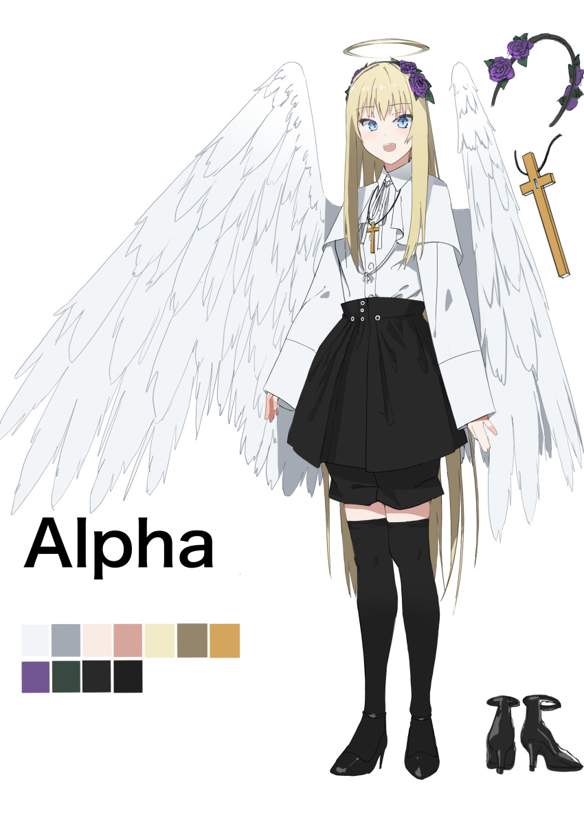 1girl, absurdres, angel, angel_wings, black_footwear, black_hairband, black_legwear, black_skirt