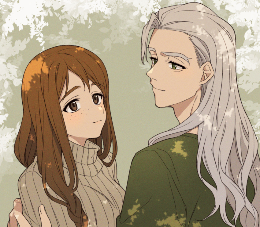 1boy, 1girl, bangs, brown_eyes, brown_hair, brown_sweater, closed_mouth, dan_blackmore