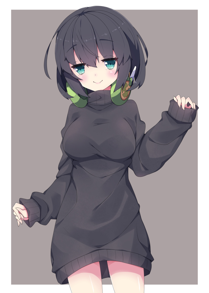 1girl, bangs, black_hair, black_sweater, blue_eyes, breasts, closed_mouth, commentary_request