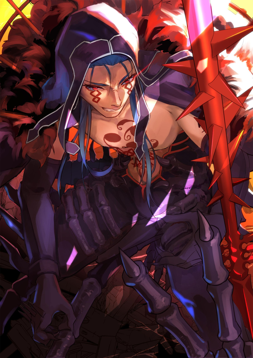 absurdres, armor, bare_pecs, blue_hair, chest_tattoo, cu_chulainn_(fate)_(all), cu_chulainn_alter_(fate/grand_order), curruid_coinchenn