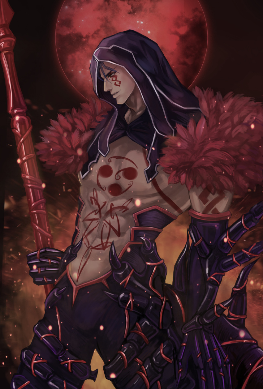 1boy, abs, absurdres, blue_hair, bodypaint, bulge, closed_mouth, cu_chulainn_(fate)_(all)