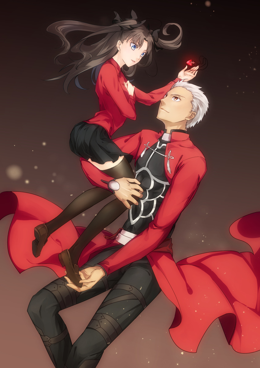 1boy, 1girl, absurdres, archer, black_hair, black_legwear, black_skirt, blue_eyes, brown_eyes, dark_skin, dark_skinned_male, fate/stay_night, fate_(series), floating, gem, gouichi, highres, jewelry, locket, long_hair, pendant, pleated_skirt, red_theme, skirt, thigh-highs, tohsaka_rin, two_side_up, white_hair