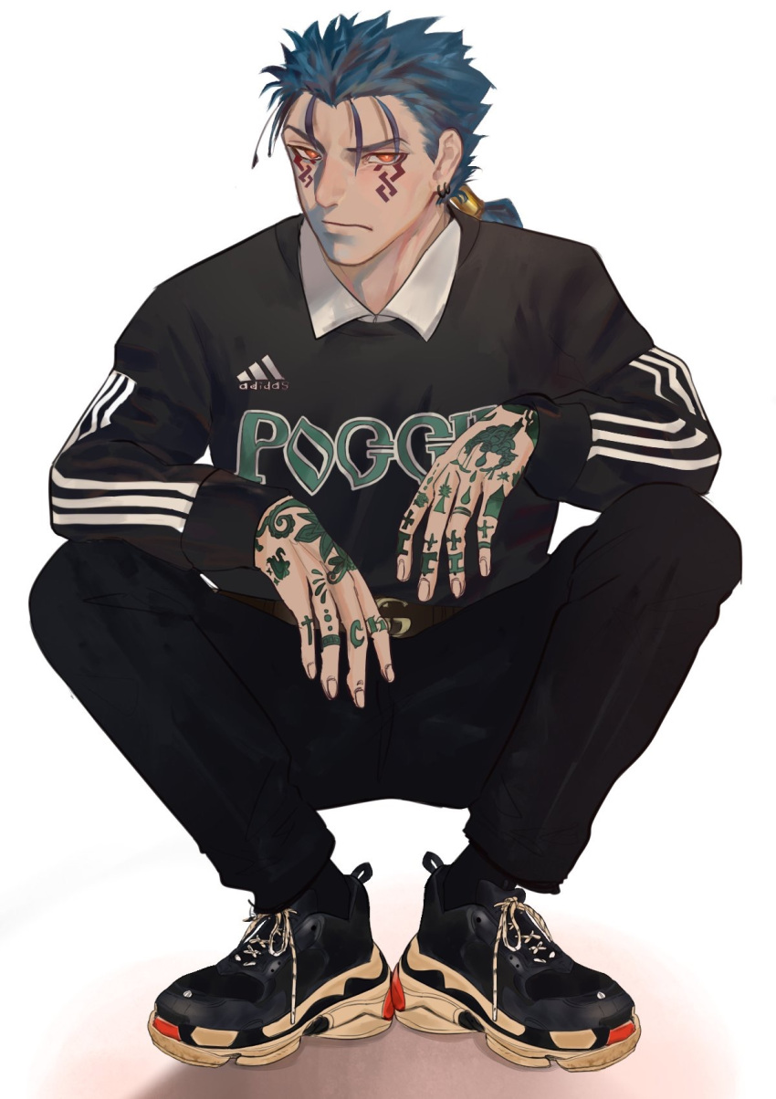 1boy, alternate_costume, angry, beads, blue_hair, bright_pupils, closed_mouth, collared_shirt