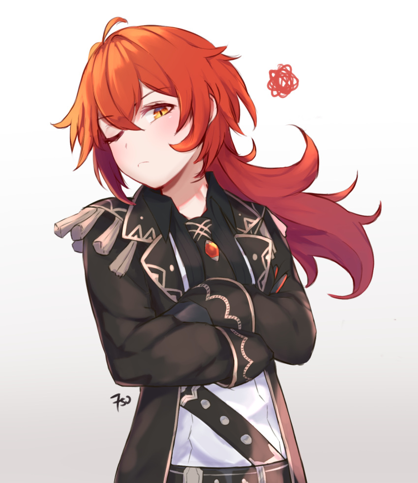 1girl, ahoge, belt, black_coat, black_gloves, blush, closed_mouth, coat