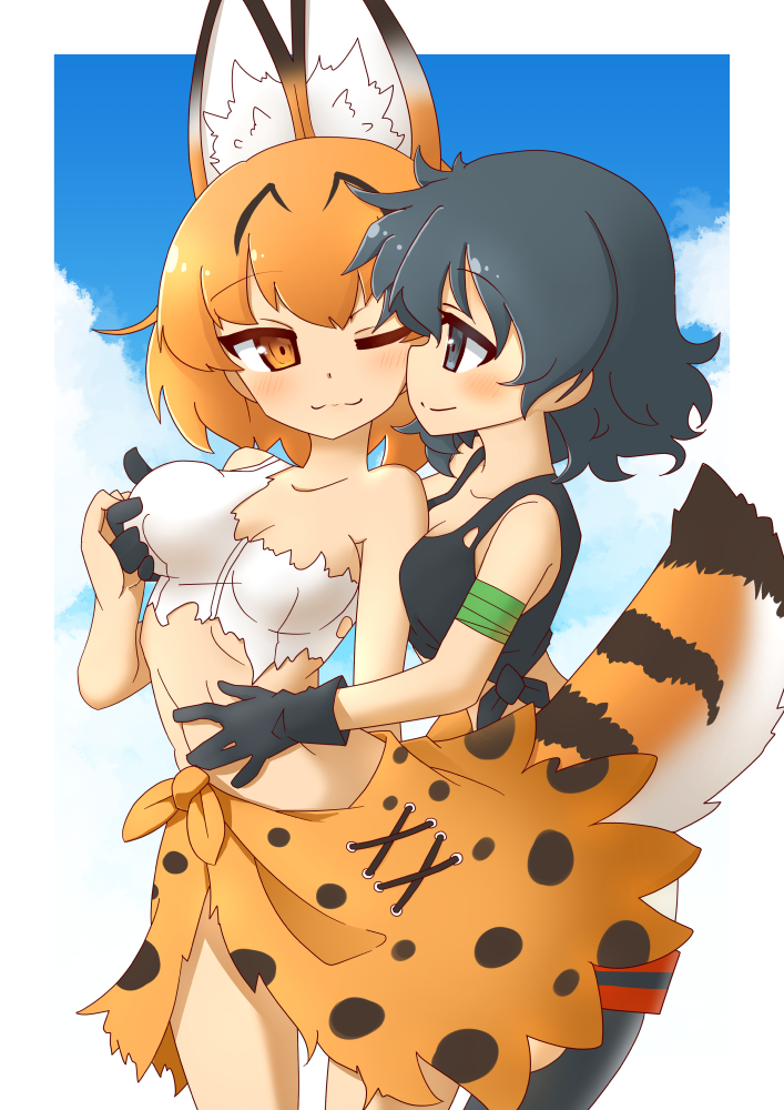 2girls, 370ml, animal_ears, bandaged_arm, bandages, bangs, black_eyes, black_gloves, black_hair, black_shirt, blush, breast_grab, breasts, closed_mouth, commentary_request, cowboy_shot, extra_ears, eyebrows_visible_through_hair, gloves, grabbing, grey_shorts, hand_on_another's_stomach, hug, kaban_(kemono_friends), kemono_friends, looking_at_another, medium_breasts, multiple_girls, one_eye_closed, orange_eyes, orange_hair, orange_sarong, orange_skirt, outside_border, pantyhose, print_sarong, sarong, serval_(kemono_friends), serval_ears, serval_print, serval_tail, shirt, short_hair, shorts, skirt, small_breasts, smile, striped_tail, survival_friends, tail, tank_top, tied_shirt, torn_clothes, torn_legwear, torn_shirt, white_shirt, yuri